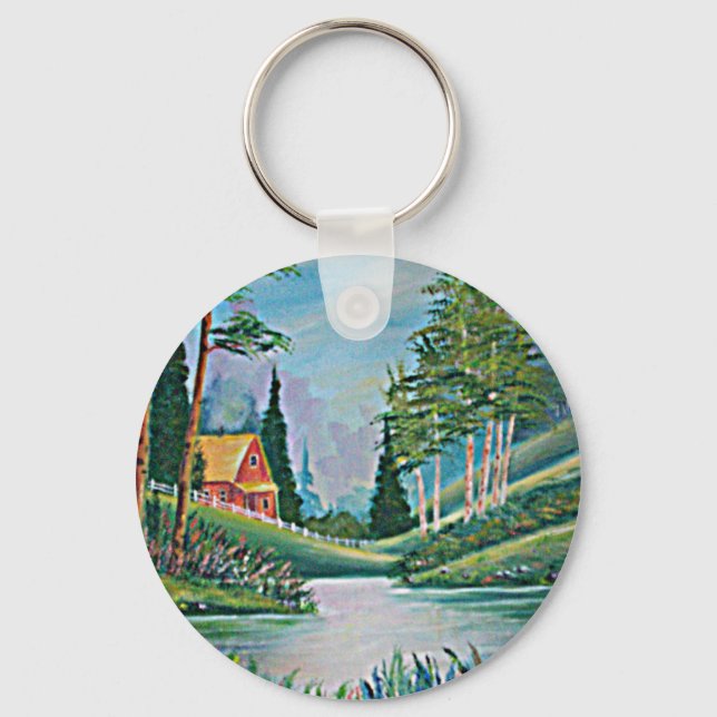 Cabin by the Stream Oil Painting Keychain (Front)