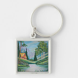 Cabin by the Stream Oil Painting Keychain