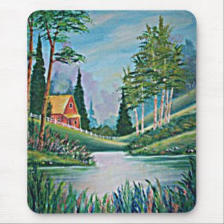 Cabin by the Stream Oil Painting Mouse Pads