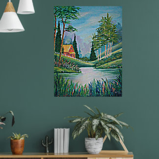 Cabin by the Stream Oil Painting Poster