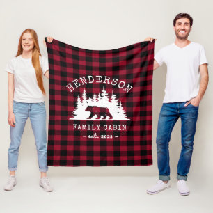 Cabin Family Bear Pine Red Plaid Fleece Blanket
