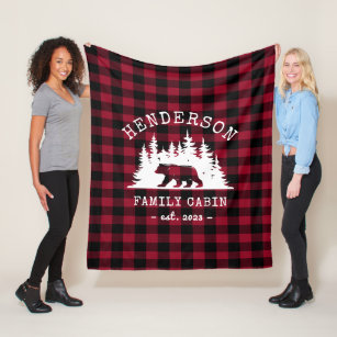 Cabin Family Bear Pine Red Plaid  Fleece Blanket