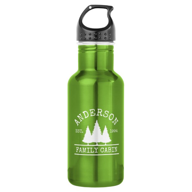 Cabin Family Name Bright Green Stainless Steel Water Bottle (Front)