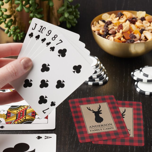 Cabin Family Name Deer Kraft Red Buffalo Plaid Poker Cards (In Situ)