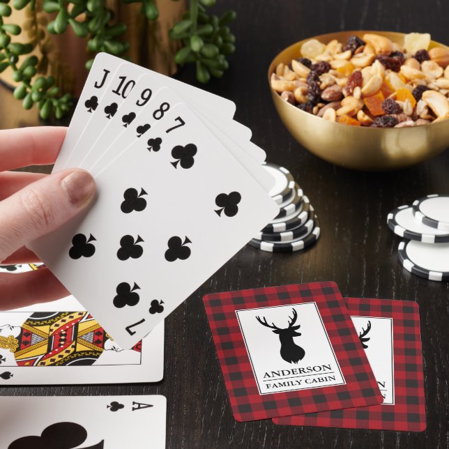 Cabin Family Name Deer Red Buffalo Plaid Poker Cards (In Situ)