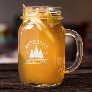 Cabin Family Name Etched Mason Jar W/ Handle