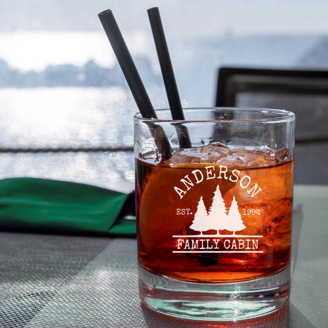 Cabin Family Name Etched Rocks Glass (Customize to change text size or text style.)