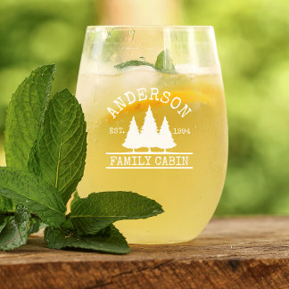 Cabin Family Name Etched Stemless Wine Glass