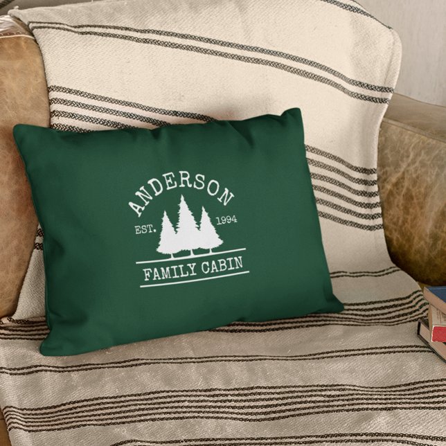 Cabin Family Name Forest Green Accent Pillow (Customize to change text size or text style.)