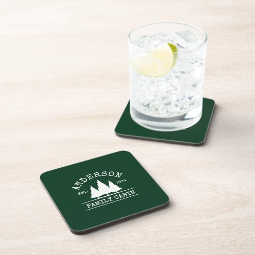 Cabin Family Name Forest Green Beverage Coaster