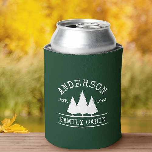 Cabin Family Name Forest Green Can Cooler