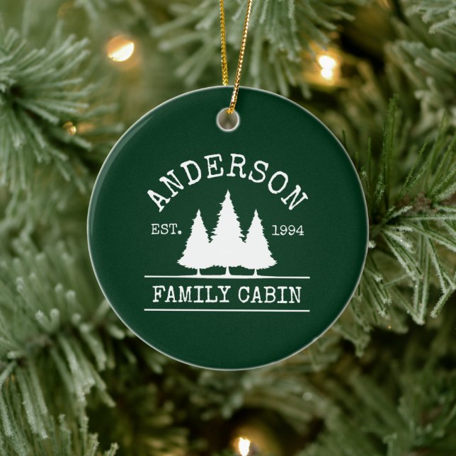 Cabin Family Name Forest Green Ceramic Ornament (Tree)