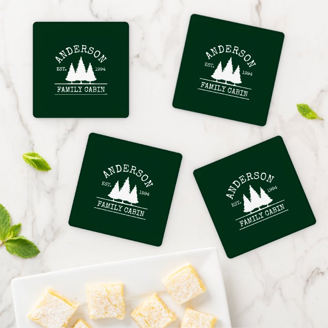 Cabin Family Name Forest Green Coaster Set (In Situ)