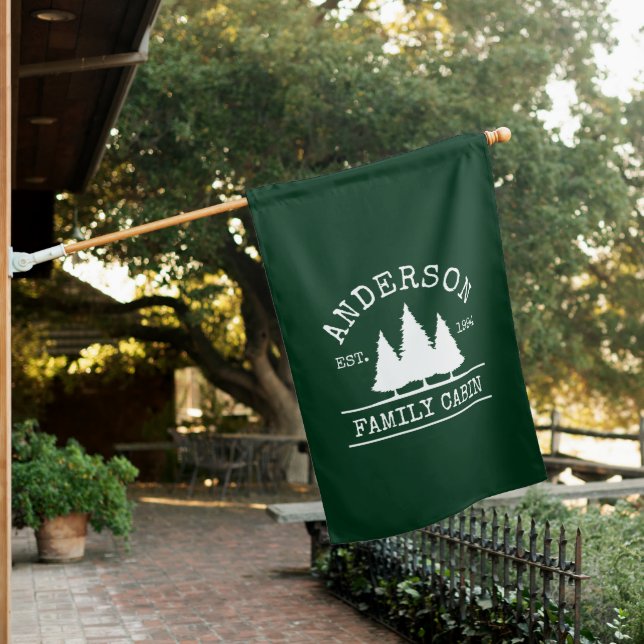 Cabin Family Name Forest Green House Flag (In SItu)