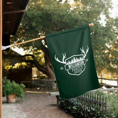 Cabin Family Name Forest Green House Flag