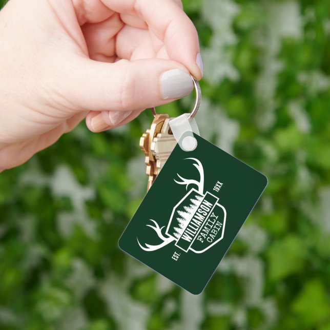 Cabin Family Name Forest Green Keychain (Hand)