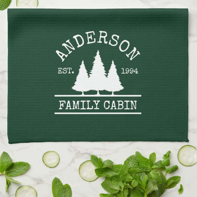 Cabin Family Name Forest Green Kitchen Towel (Folded)