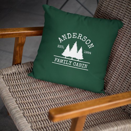 Cabin Family Name Forest Green Outdoor Pillow