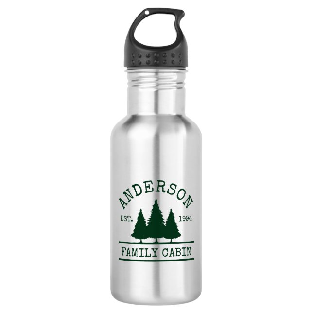 Cabin Family Name Forest Green Reusable  Stainless Steel Water Bottle (Front)