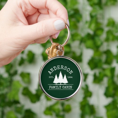 Cabin Family Name Forest Green Round Keychain