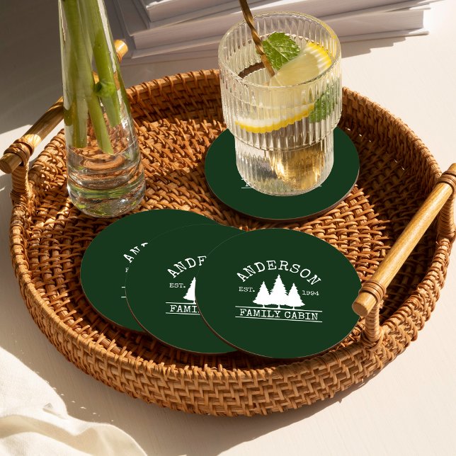 Cabin Family Name Forest Green Round Paper Coaster (Customize to change text size,  style or background color.)