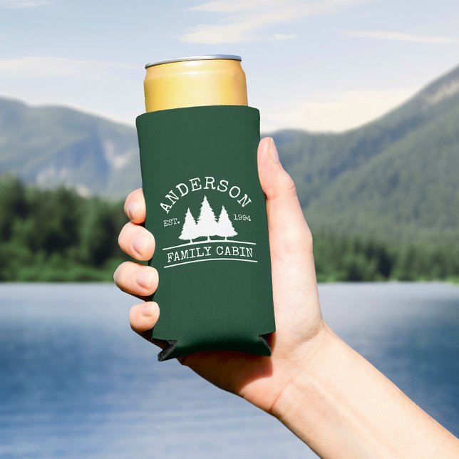 Cabin Family Name Forest Green Seltzer Can Cooler (Customize to change text size or text style.)