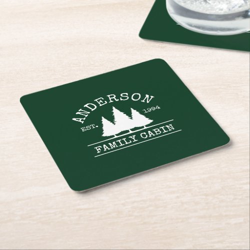 Cabin Family Name Forest Green Square Paper Coaster