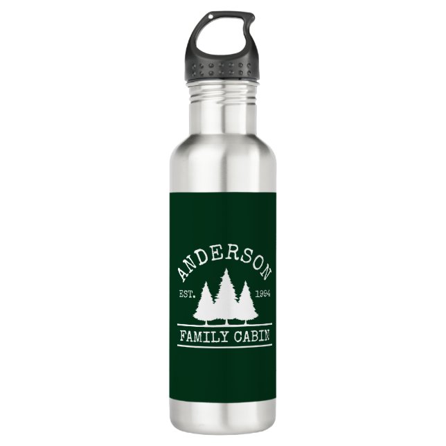 Cabin Family Name Forest Green Stainless Steel Water Bottle (Front)