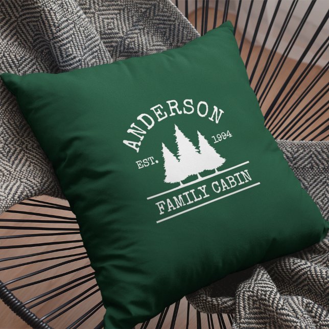Cabin Family Name Forest Green Throw Pillow (Customize to change text size or text style.)