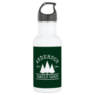 Cabin Family Name Forest Green White Stainless Steel Water Bottle