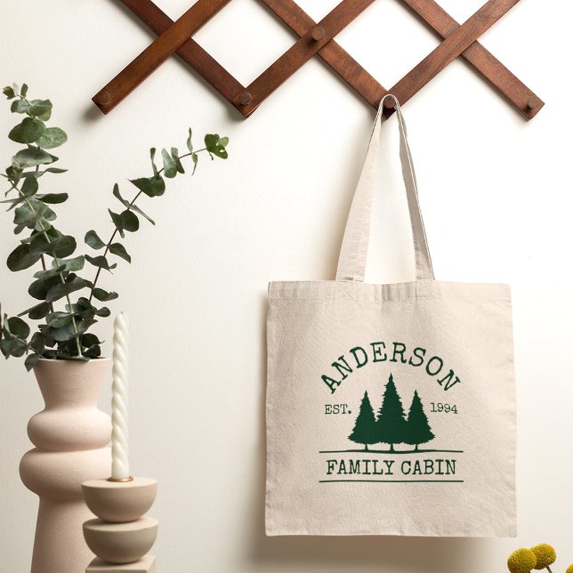 Cabin Family Name Forest Trees Tote Bag (Customize to change text size or text style.)