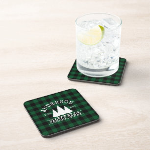 Cabin Family Name Green Buffalo Plaid Beverage Coaster