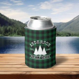 Cabin Family Name Green Buffalo Plaid Can Cooler