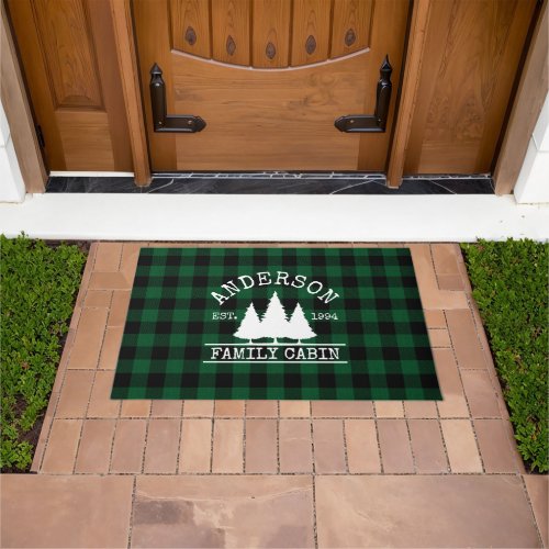Cabin Family Name Green Buffalo Plaid Doormat