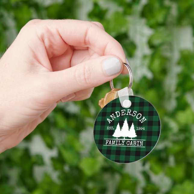 Cabin Family Name Green Buffalo Plaid Keychain (Hand)