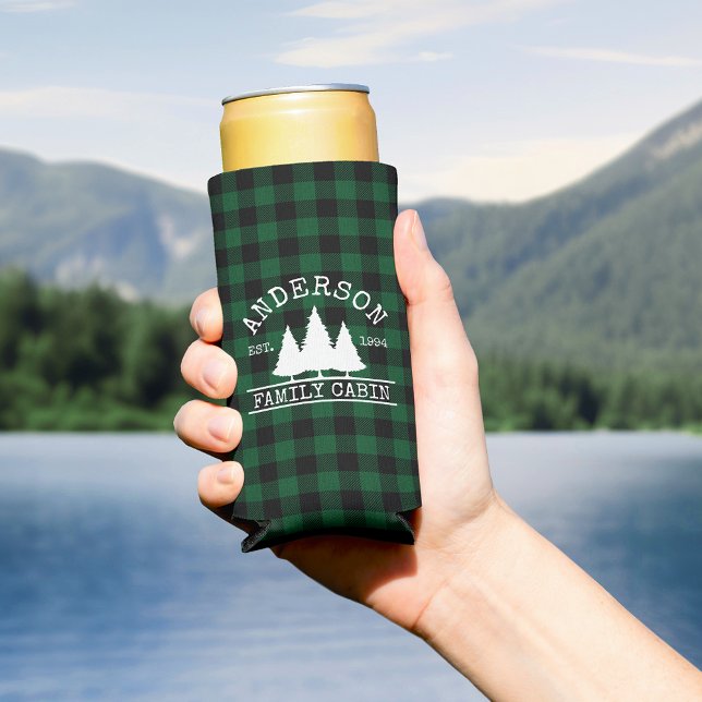 Cabin Family Name Green Buffalo Plaid Seltzer Can Cooler (Customize to change text size or text style.)