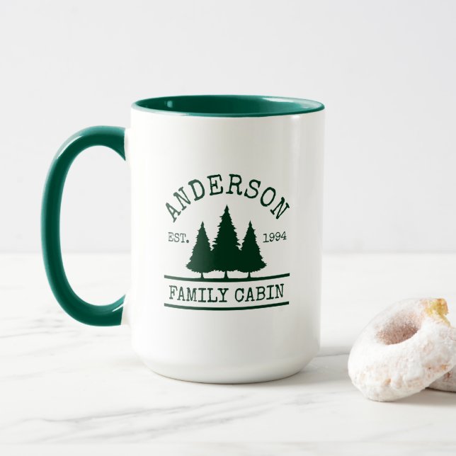 Cabin Family Name Pine Trees Green Mug (With Donut)