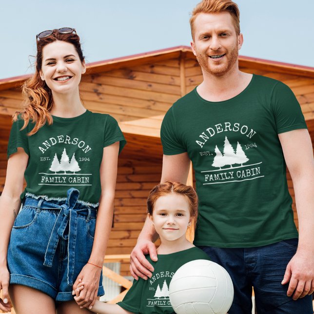 Cabin Family Name Pine Trees Green T-Shirt (Customize to change text size. Choose from a variety of shirt colors, sizes and styles.)