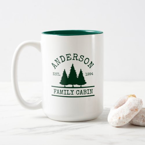 Cabin Family Name Pine Trees Green Two_Tone Coffee Mug