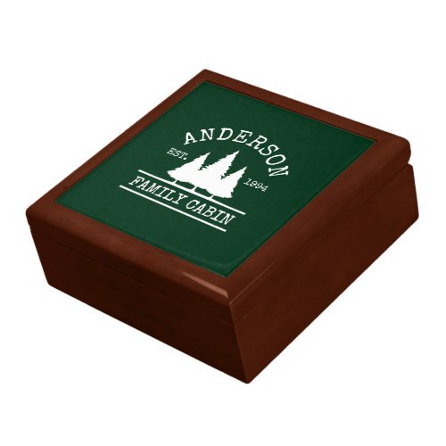 Cabin Family Name Pines Forest Green Keepsake Box
