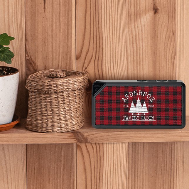 Cabin Family Name Pines Red Buffalo Plaid Bluetooth Speaker (Customize to change text size or text style.)