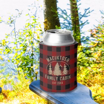 Cabin Family Name Red Black Buffalo Check Plaid Can Cooler