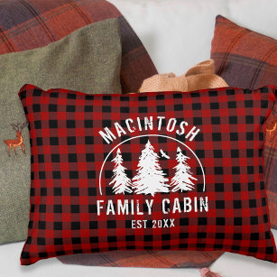 Cabin Family Name Red Black Buffalo Plaid Accent Pillow