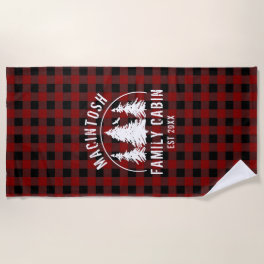 Cabin Family Name Red Black Buffalo Plaid Beach Towel