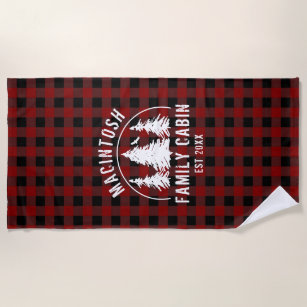 6 Happy Chickens on Buffalo Plaid - Beach Towel