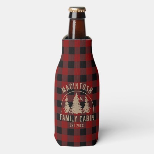 Cabin Family Name Red Black Buffalo Plaid Bottle C Bottle Cooler