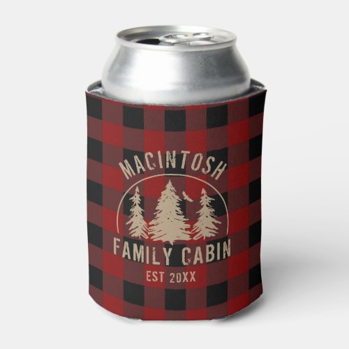 Cabin Family Name Red Black Buffalo Plaid Can Cool Can Cooler