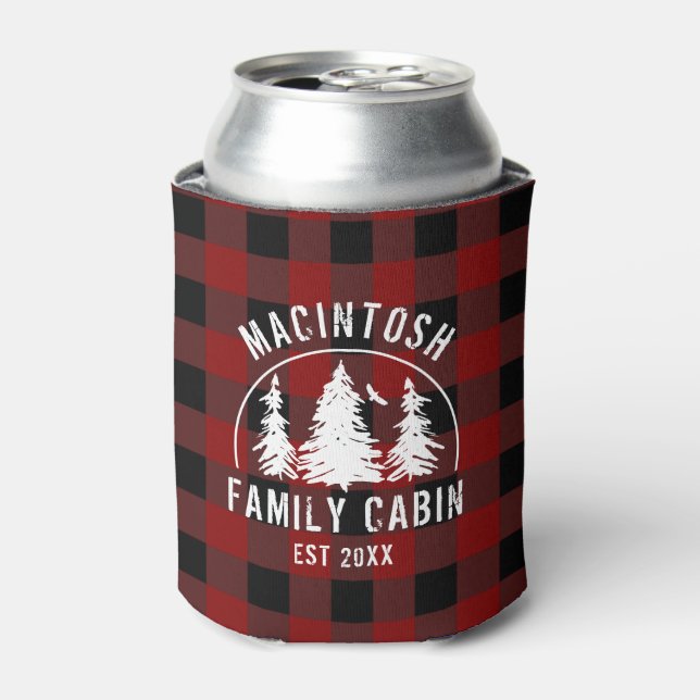 Cabin Family Name Red Black Buffalo Plaid Can Cooler (Can Front)