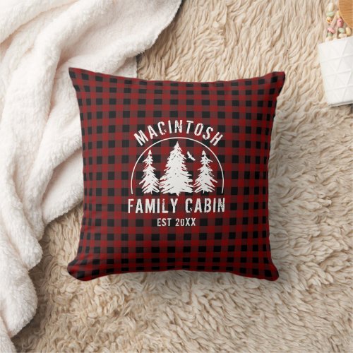 Cabin Family Name Red Black Buffalo Plaid Throw Pillow