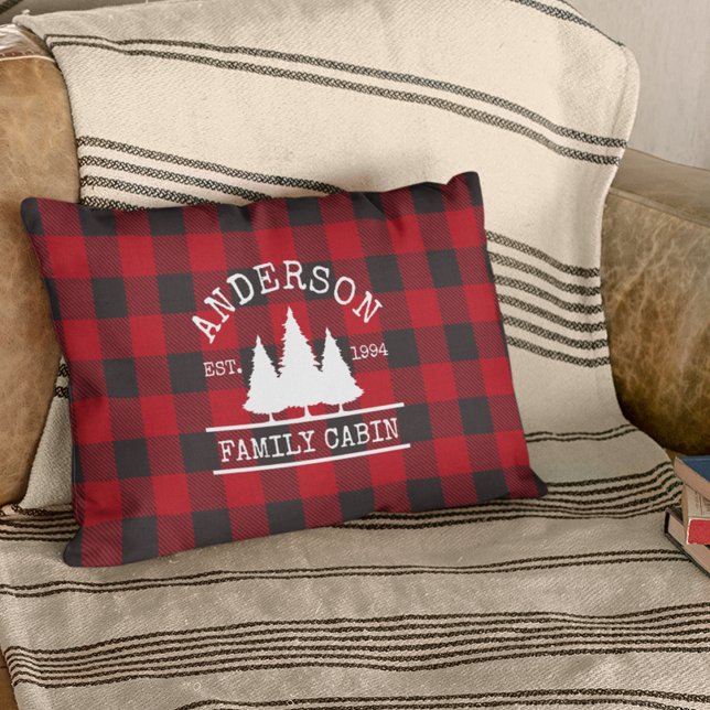 Cabin Family Name Red Buffalo Plaid Accent Pillow (Customize to change text size or text style.)